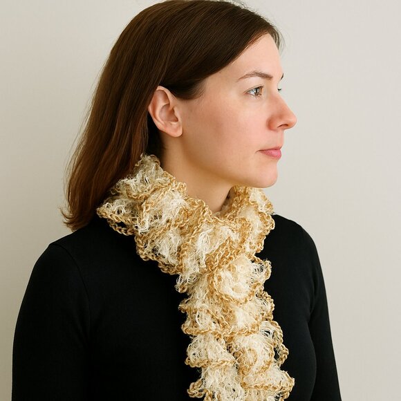 Crocheted Open Scarf Ruffled Versatile Wrap White Gold Metal 53" Long - Picture 1 of 11